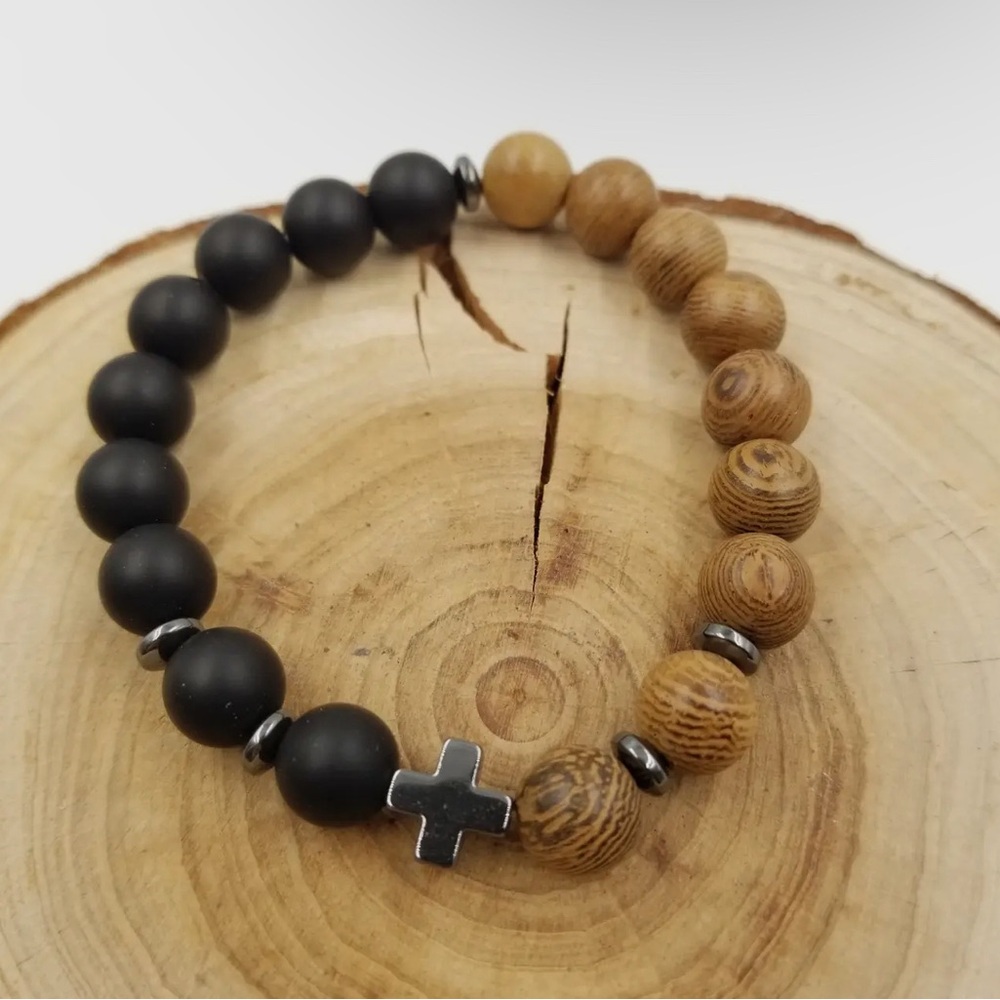 Cross Wood Bead Frosted Stone Bracelet